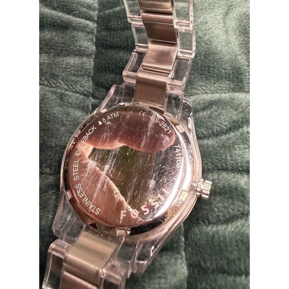 Fossil ES-2821 Stella Multifunction Clear Band Quartz Watch Needs Battery